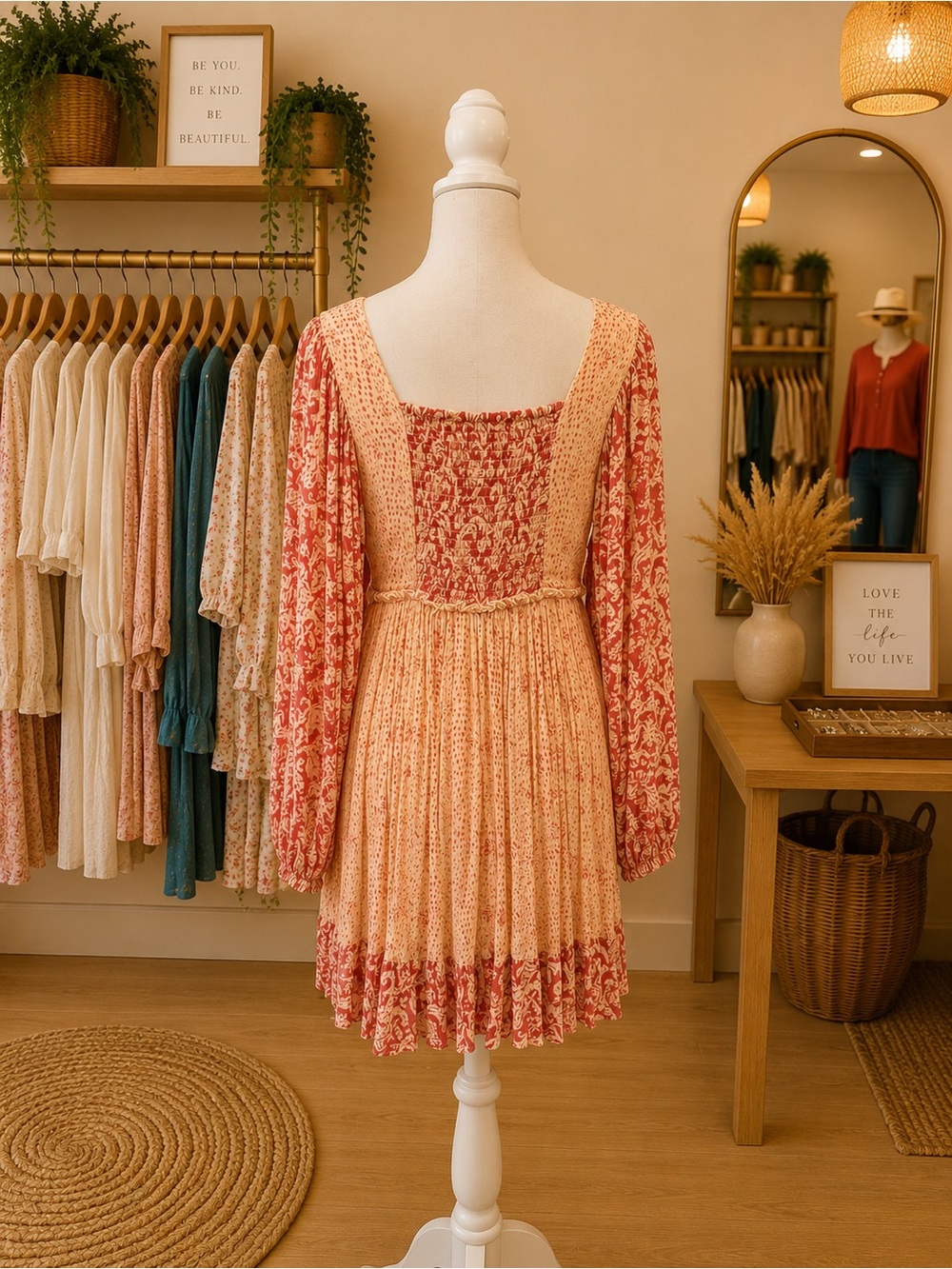 Myra Bag Boho Embroidered Mini Dress Large Orange Cream Smocked Back - Picture 2 of 2